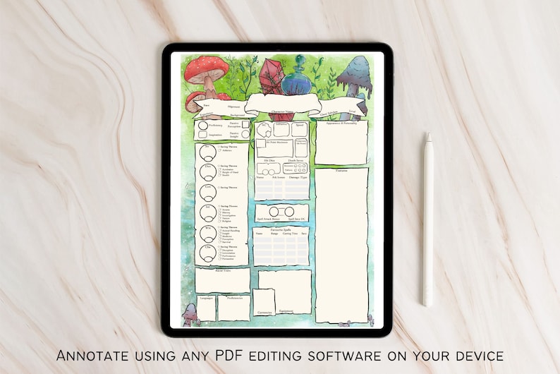May include: A printable character sheet for role-playing games with a watercolour background featuring mushrooms, a crystal, and a potion bottle. The sheet includes sections for character name, race, class, abilities, skills, and more.
