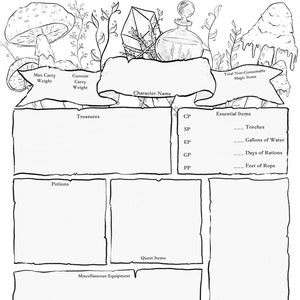 May include: A printable character sheet for a role-playing game. The sheet includes sections for character name, current carry weight, max carry weight, treasures, potions, quest items, miscellaneous equipment, and essential items. The essential items section includes a list of items such as torches, gallons of water, days of rations, and feet of rope.