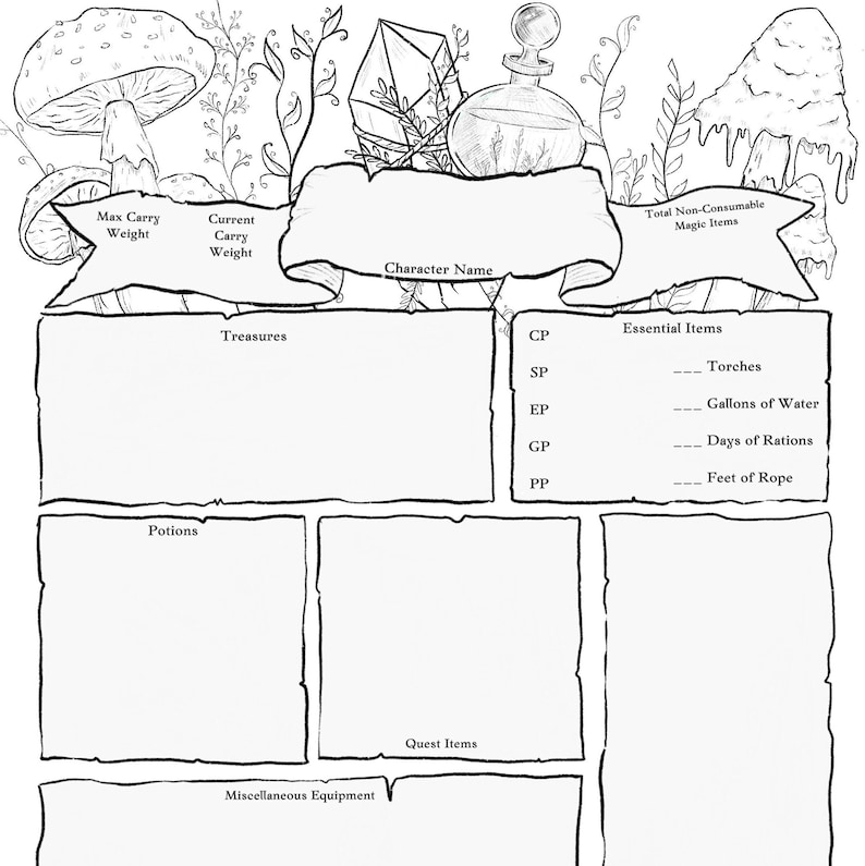 May include: A printable character sheet for a role-playing game. The sheet includes sections for character name, current carry weight, max carry weight, treasures, potions, quest items, miscellaneous equipment, and essential items. The essential items section includes a list of items such as torches, gallons of water, days of rations, and feet of rope.