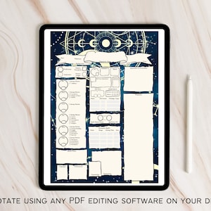 May include: A printable character sheet for role-playing games with a celestial theme. The sheet features a blue background with constellations and a gold geometric design. It includes sections for character name, race, class, abilities, skills, and more.