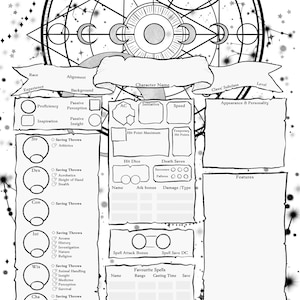 May include: A black and white character sheet for a role-playing game. The sheet includes sections for race, alignment, experience, character name, background, class subclass, proficiency, passive perception, inspiration, passive insight, AC, initiative, speed, level, appearance & personality, hit point maximum, temporary hit points, saving throws, hit dice, death saves, features, spell attack bonus, spell save DC, and favorite spells.