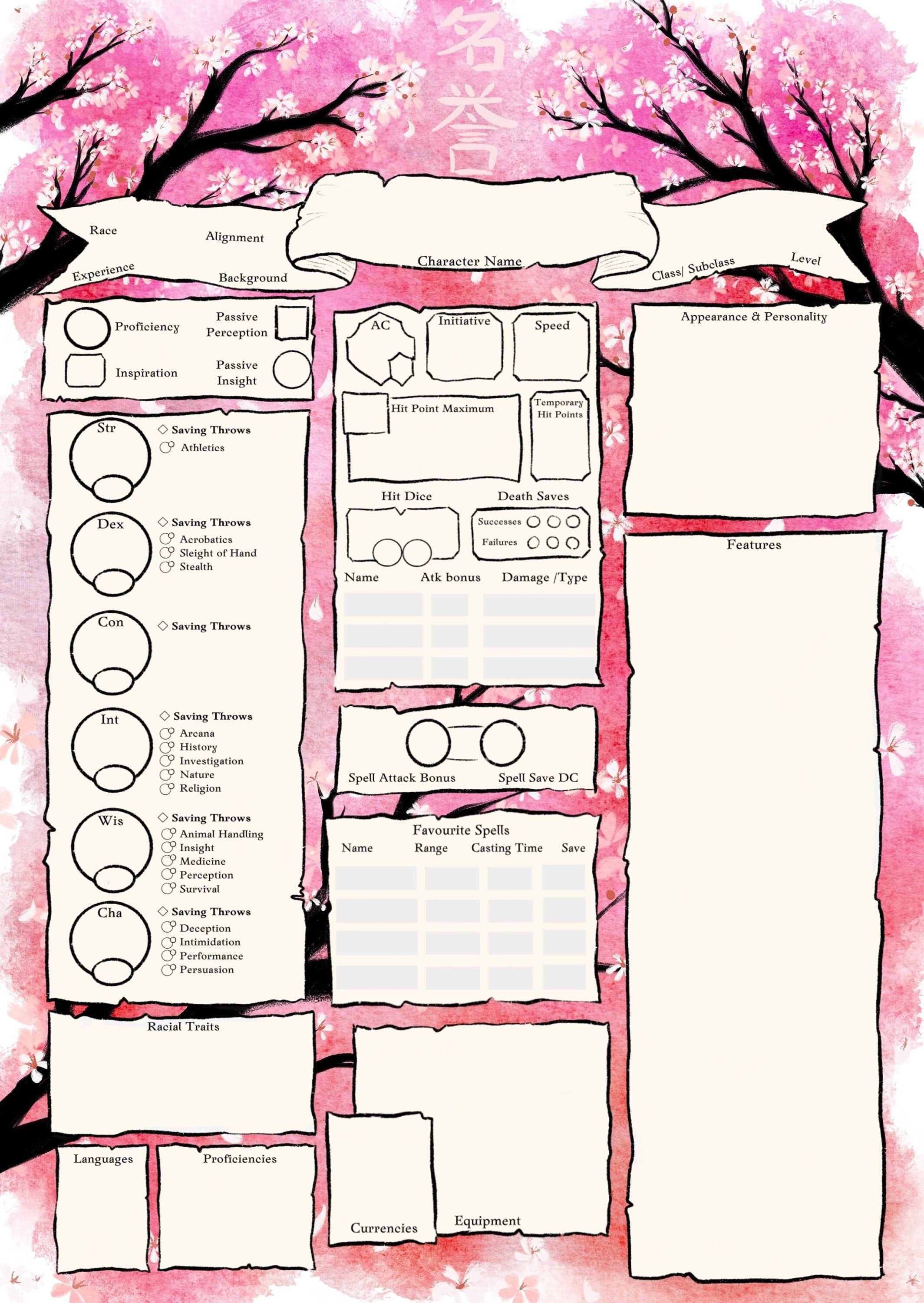 Hanami / Dnd Character Sheet PDF / Dnd Character Journal / Dungeons and Dragons Character Sheet Japan / Tabletop RPG / D&D Journal / TTRPG