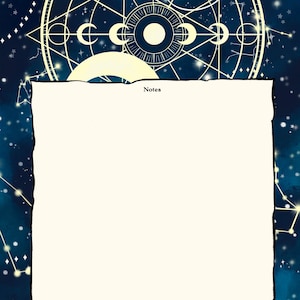 May include: A blank white page with the word "Notes" at the top, set against a dark blue background with a celestial design featuring stars, constellations, and a moon.