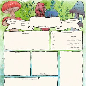 May include: A printable character sheet for a role-playing game. The sheet has sections for character name, max carry weight, current carry weight, treasures, potions, quest items, miscellaneous equipment, essential items, and total non-consumable magic items. The sheet is decorated with a green background and mushroom illustrations.