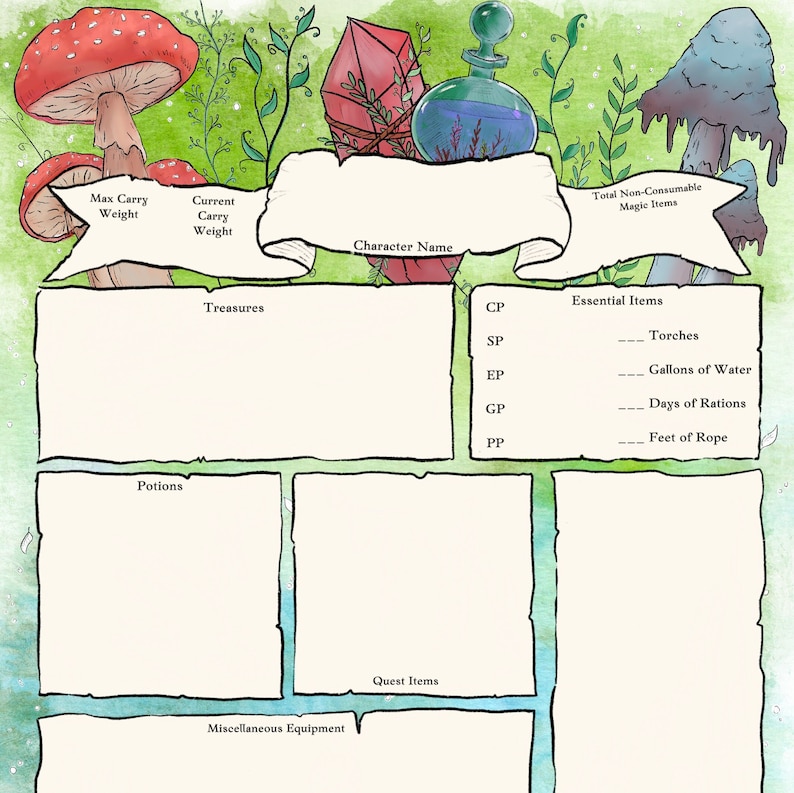 May include: A printable character sheet for a role-playing game. The sheet has sections for character name, max carry weight, current carry weight, treasures, potions, quest items, miscellaneous equipment, essential items, and total non-consumable magic items. The sheet is decorated with a green background and mushroom illustrations.