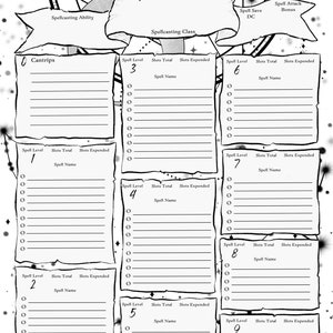 May include: A black and white printable character sheet for a role-playing game. The sheet is designed for a spellcaster character and includes sections for spellcasting ability, spellcasting class, spell save DC, spell attack bonus, cantrips, and spell slots for levels 1 through 9.