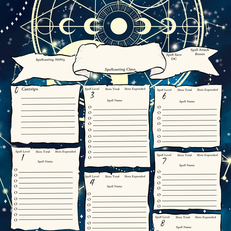 May include: A printable character sheet for a spellcasting class in a role-playing game. The sheet has sections for spell level, slots total, slots expended, and spell name. The sheet is decorated with a celestial theme, including stars, moons, and a circle.