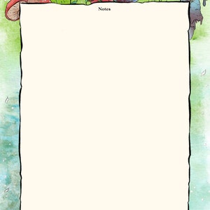 May include: A blank page with a green and blue watercolour background. The page is framed with a black border and has the word "Notes" at the top. The background features mushrooms, a crystal, and a bottle of potion.