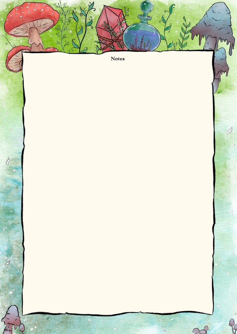 May include: A blank page with a green and blue watercolour background. The page is framed with a black border and has the word "Notes" at the top. The background features mushrooms, a crystal, and a bottle of potion.