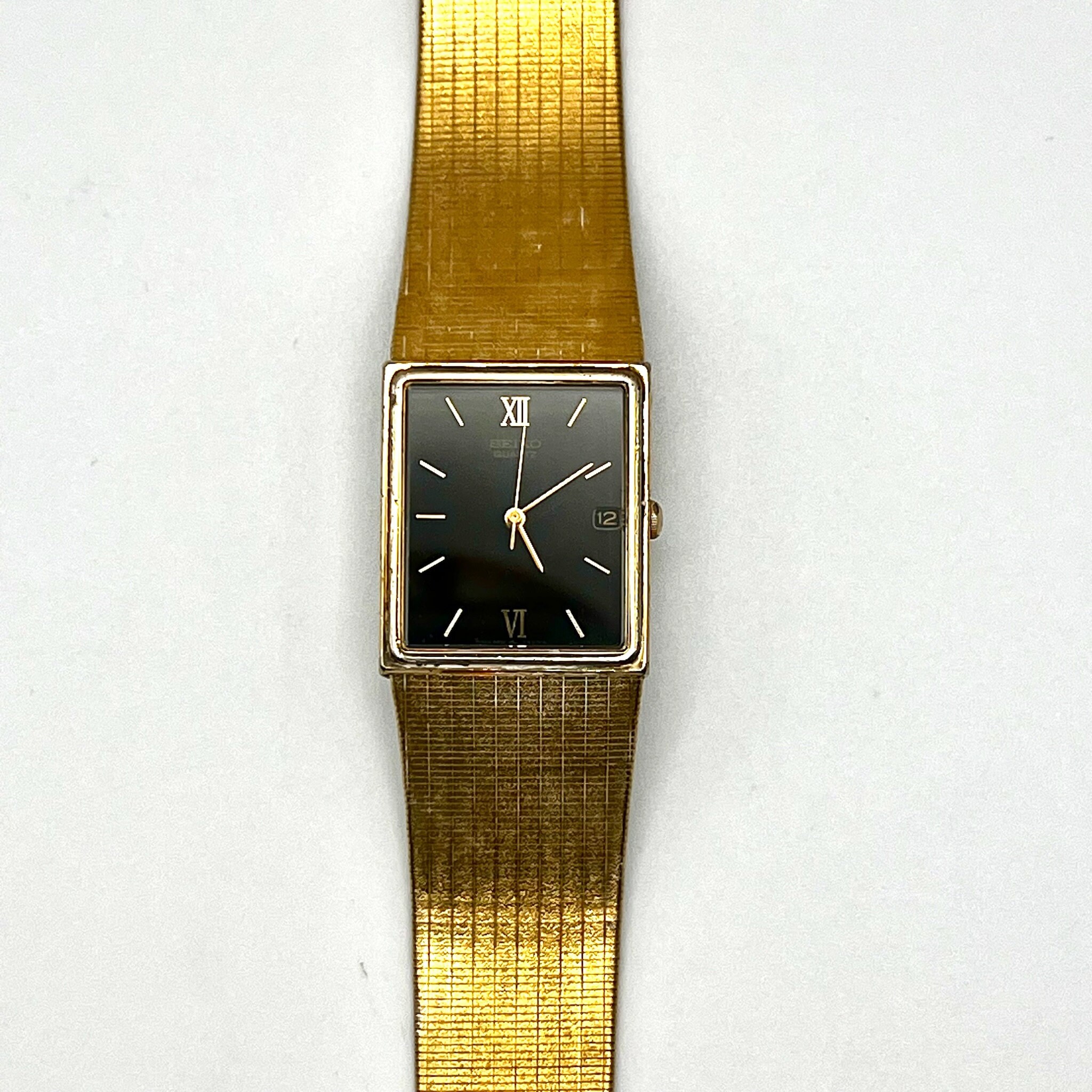 Vintage Seiko Unisex Watch : 80's Gold Black Tank Rectangular