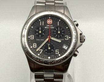 Vintage Swiss Military Mens Chronograph Watch: 44mm Stainless Steel Tachymeter