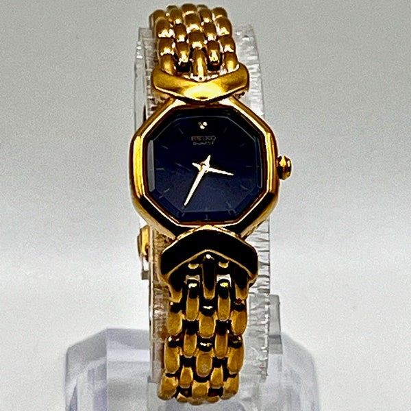 Vintage Seiko Octagonal Blue and Gold tones Ladies Watch Working