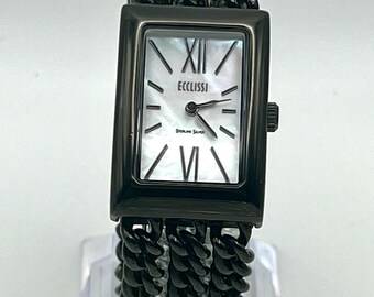 Vintage Ecclissi Ladies Watch: Mother of Pearl Sterling Silver Black Working New Battery