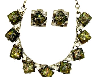 Vintage Coro Signed Confetti Thermoset Lucite adjustable Chocker Necklace and earrings Set