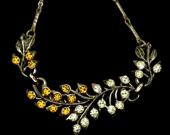 Vintage Coro Signed Gold Yellow Rhinestones adjustable Chocker Necklace