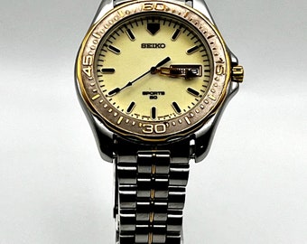 Seiko Vintage 1990's Sports 50 Mens Round Gold Silver and Seiko Vintage 1990's Sports 50 Mens Round Gold Silver and