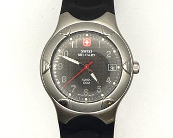 Vintage Swiss Military Diver Watch: Luminous Dial, Black Rubber Strap