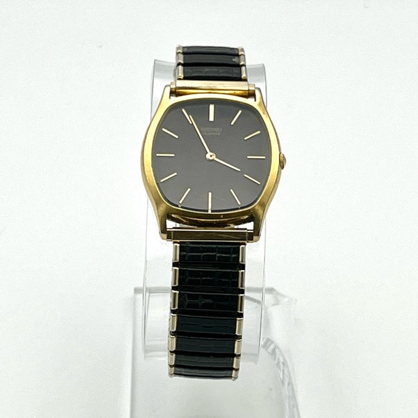 Seiko Vintage Unisex Black and Gold Rectangular Watch Working