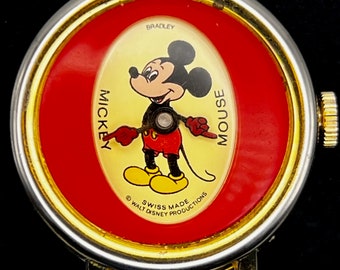 Vintage 1970s Bradley Mickey Mouse Ladies Watch: Mechanical Round Red Collectable Working