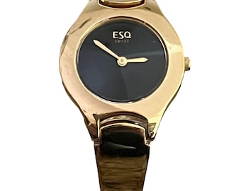 Vintage 90's Esq by Movado Ladies Watch : Gold plated Round Gold Black Working New Battery