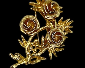 Vintage Signed Coro Brooch Gold tone Bouquet of Roses Gifts for her