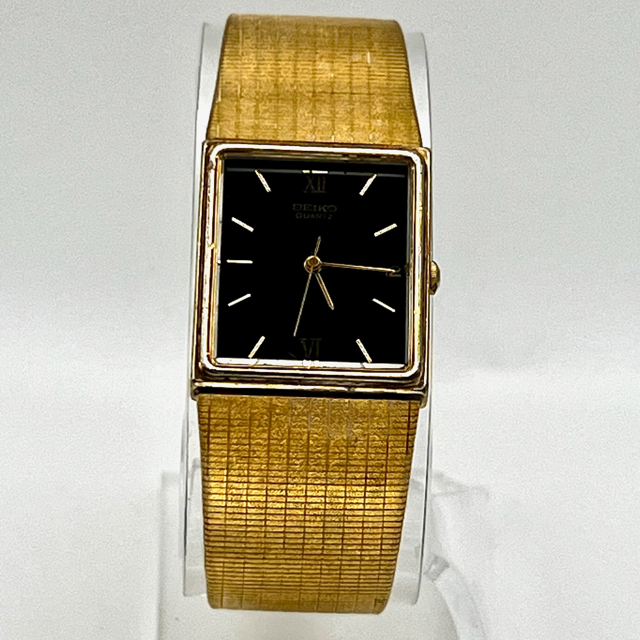 Vintage Seiko Unisex Watch : 80's Gold Black Tank Rectangular