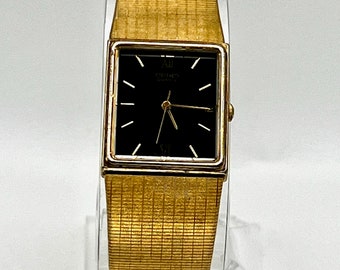 Vintage Seiko Unisex Watch : 80's Gold Black Tank Rectangular Elegant Dress Formal Working Condition