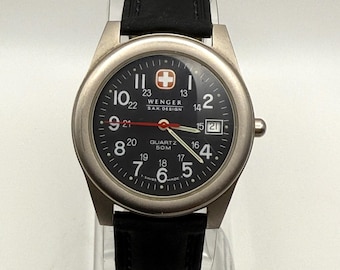 Vintage Wenger SAK Design Uhr : Schwarzes Lederarmband , 37 mm Unisex