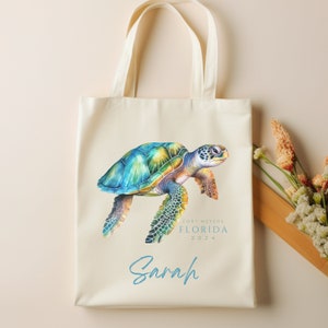 Sac tortue de mer personnalisé nom de famille Resort Fourre-tout Sac de plage familial tropical réutilisable fourre-tout bio personnalisé pour voyage cadeau de vacances personnalisé