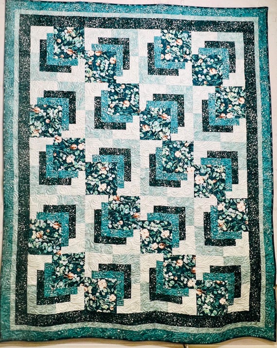 Icy Blue Eclipse Quilt: Teal Floral, Silver Speckles, Minky Backed Throw