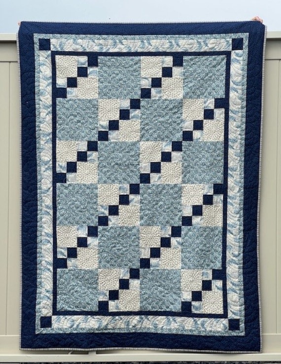 Handmade Navy Throw Quilt, Modern Patchwork Design (53"x72")