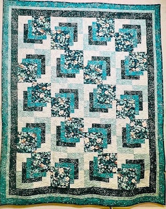 Icy Blue Eclipse Throw Quilt: Handmade Teal & Silver Minky Backed