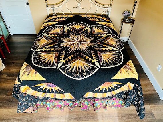 Snowfall Mixer Queen Kaleidoscope Art Quilt in Pumpkin Spice batiks 99” x 99”