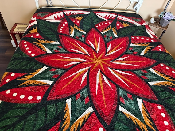 Jungle Magnolia Christmas Poinsettia Art Quilt 80”x80”