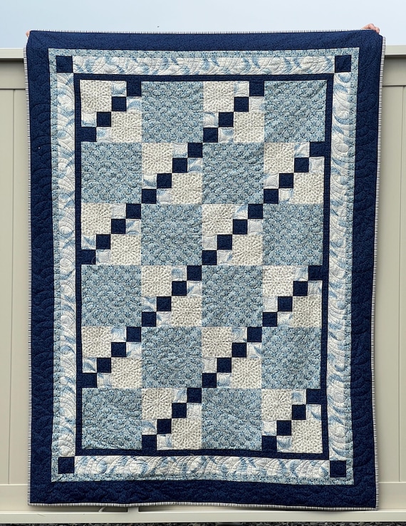Handmade Navy Throw Quilt, Modern Patchwork Design (53"x72")
