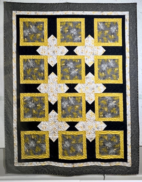 Modern Geometric Quilt, Grey Gold Minky Throw Blanket (58"x73")
