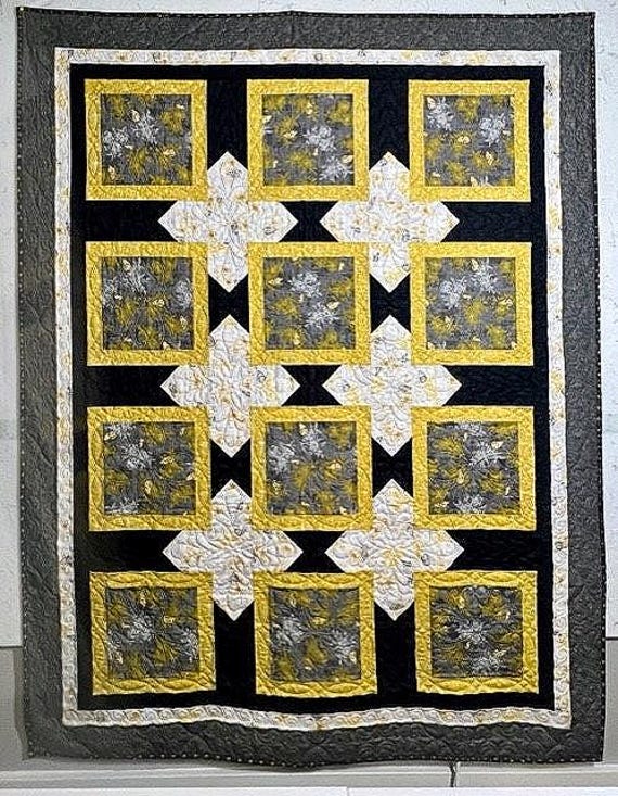 Grey & Gold Throw Quilt, Modern Handmade Quilted Blanket (58"x73")