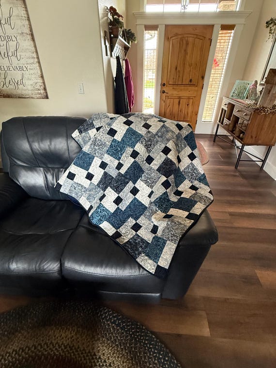 Navy and Gray Disappearing 9 Patch Throw Size Quilt 50"x64”