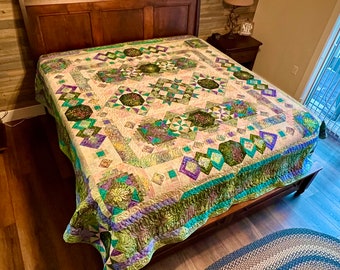 King Size Batik Quilt: Blooming Fields Pattern, Wool Batting (108x108)