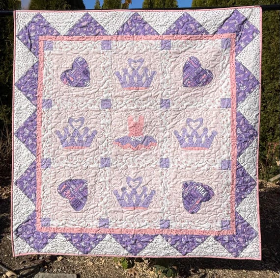 Appliqued Girl Quilt, Hearts, Crowns, Tutu Design (50x50)