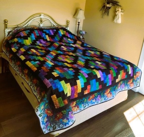 Rainbow Prism Twin Quilt: Handmade Bonfire Design, Floral Border