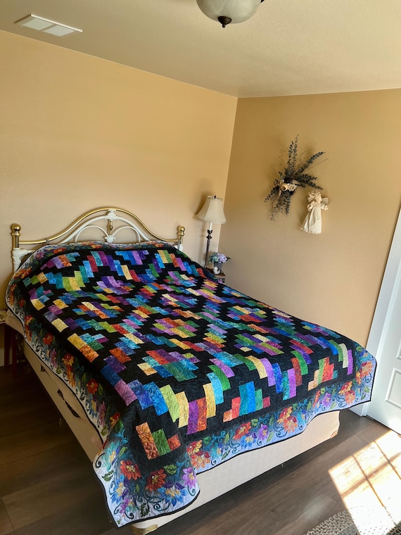 Rainbow Prism Twin Quilt: Handmade Bonfire Design, Floral Border