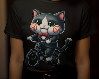 Op de afbeelding: Een zwart t-shirt met een grafische illustratie van een grijs-witte kat in een smoking met een rode vlinderdas, rijdend op een fiets. De kat heeft grote groene ogen en rode spiraalpatronen op de wangen, die doen denken aan een pop.