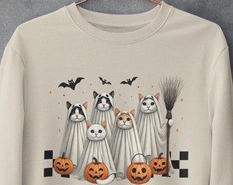 Felpa di Halloween, Felpa con gatto carino, Maglietta con gatto fantasma carino, Maglietta con gatto fantasma, Stagione spettrale, Maglietta con gatto di Halloween, Maglietta per amanti dei gatti