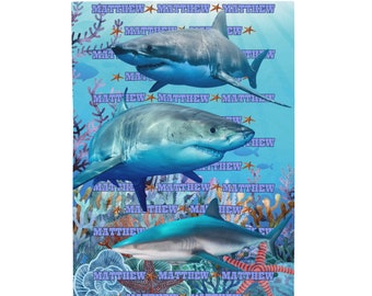 Manta de felpa de terciopelo personalizada con tiburón, regalo de tiburón personalizado, regalo de cumpleaños de tiburón, gran tiburón blanco, manta personalizada para niños