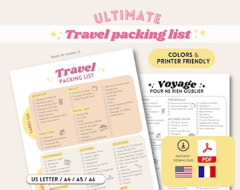 Travel packing list,  printable packing checklist template PDF, Holiday Organizer to print