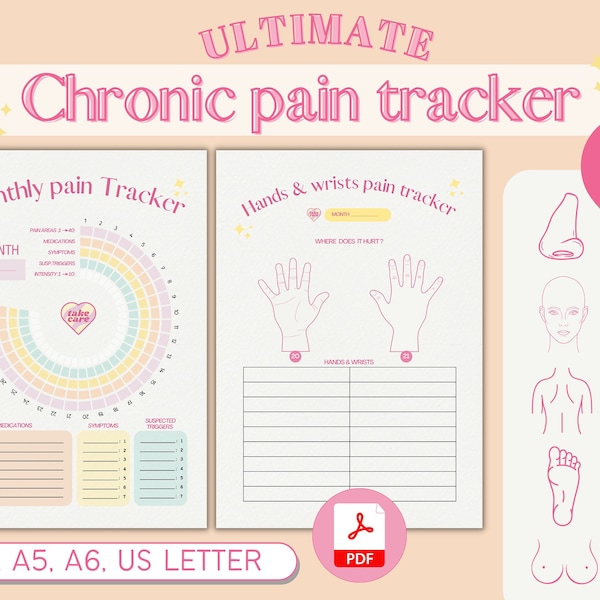 Chronic pain tracker journal printable, symptom tracker log, fibromyalgia pain journal, migraine tracker, medication tracker, medical log
