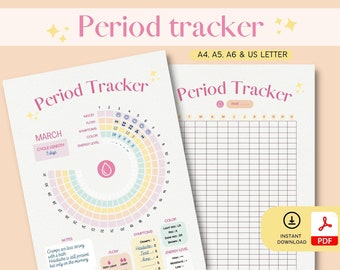 Monthly period tracker, PDF menstrual cycle tracker, menstrual calendar, cycle journal A4, A5, A6, US LETTER