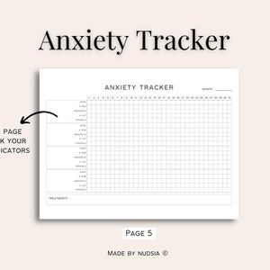 K&ouml;nnte beinhalten: Ein druckbarer Angst-Tracker mit einem Raster zum Verfolgen des Angstniveaus im Laufe der Zeit. Der Tracker enth&auml;lt einen Abschnitt f&uuml;r Behandlungen und eine leere Seite zum Verfolgen pers&ouml;nlicher Indikatoren.