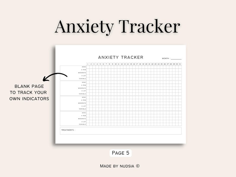 K&ouml;nnte beinhalten: Ein druckbarer Angst-Tracker mit einem Raster zum Verfolgen des Angstniveaus im Laufe der Zeit. Der Tracker enth&auml;lt einen Abschnitt f&uuml;r Behandlungen und eine leere Seite zum Verfolgen pers&ouml;nlicher Indikatoren.